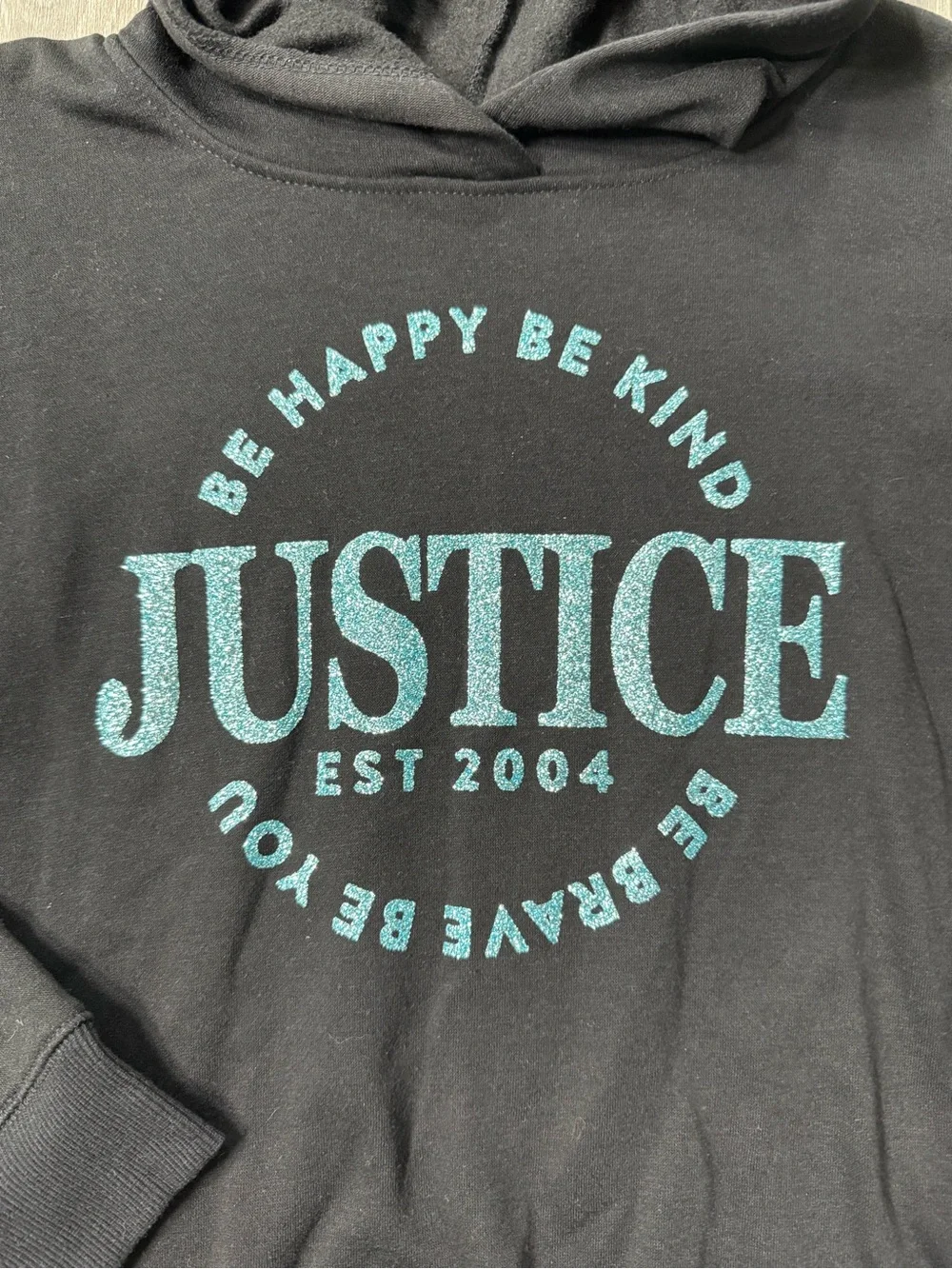 Justice Girls Happy Kind Brave Blue Glitter Hoodie Large 12/14 Black